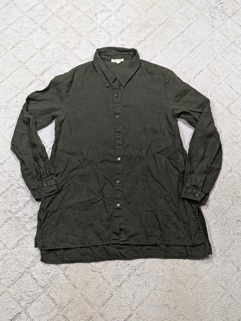 Eileen Fisher Shirt Womens XXS Green Linen Tunic Button Up Long Sleeve Minimal